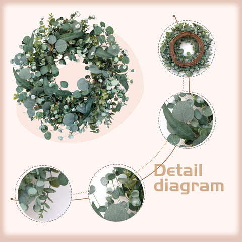 Idyllic 22-inch Eucalyptus Wreath closeup highlights soft, textured leaves for natural charm.