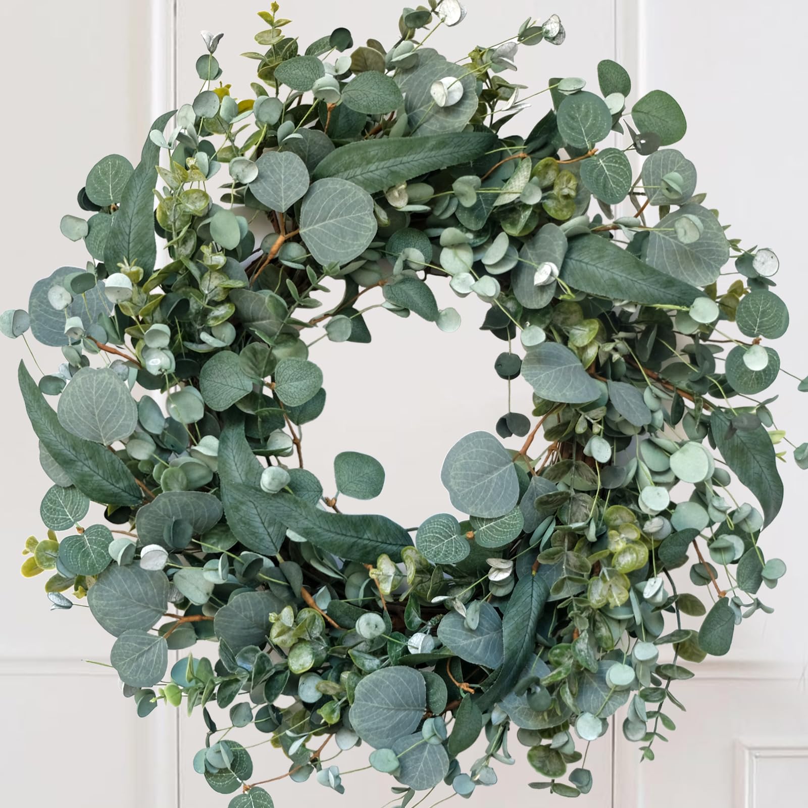 Idyllic 22-inch Eucalyptus Wreath on front door adds year-round curb appeal.