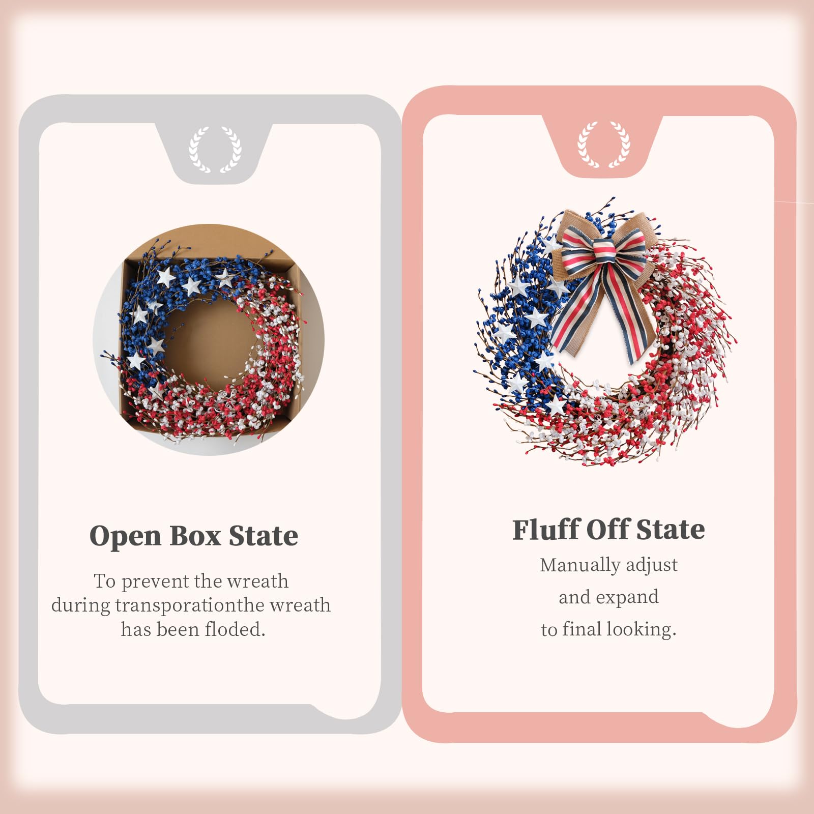 Idyllic 22inch Independence Day wreath showcases bold colors for door decor.