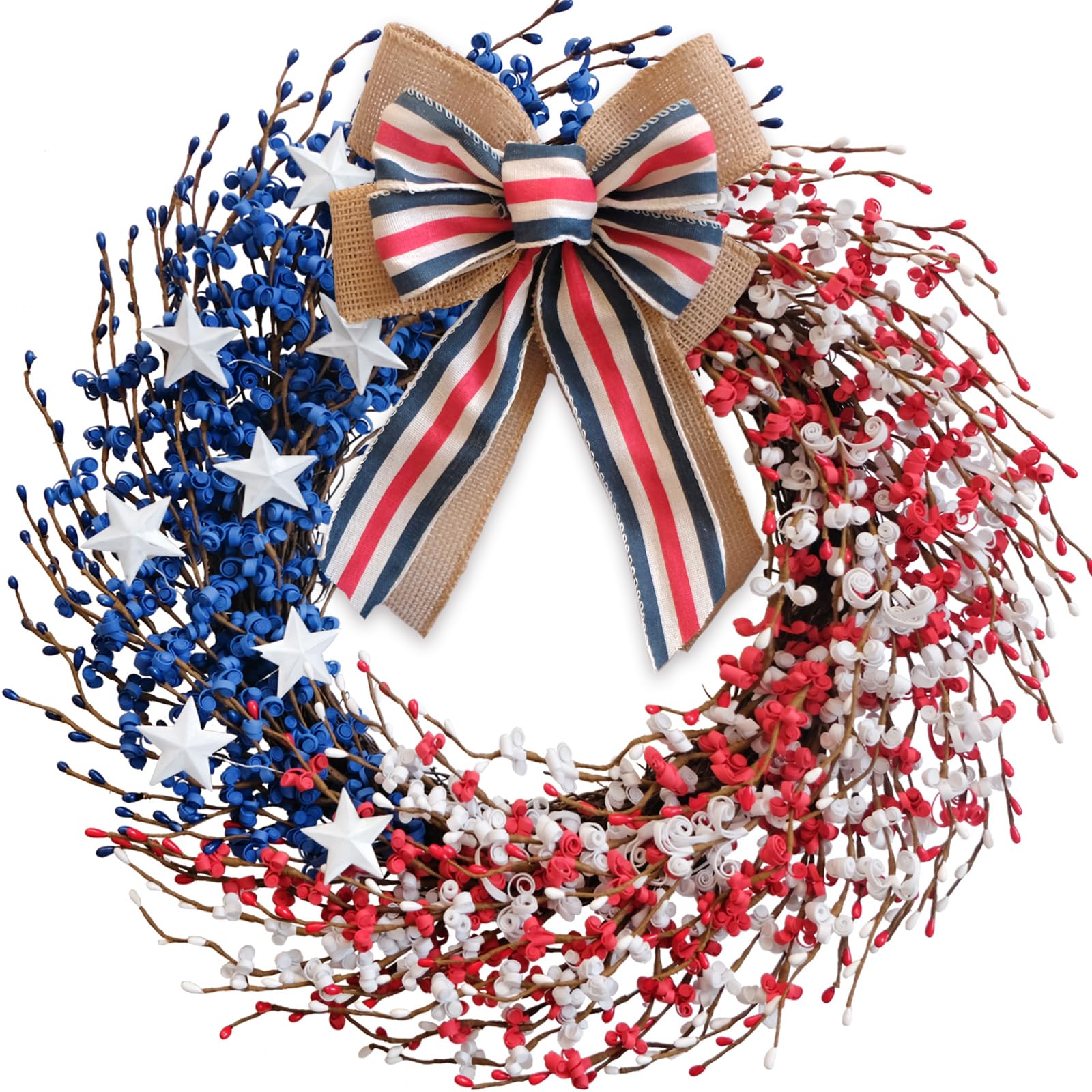 Idyllic 4th of July wreath on front door enhances curb appeal with patriotic flair.