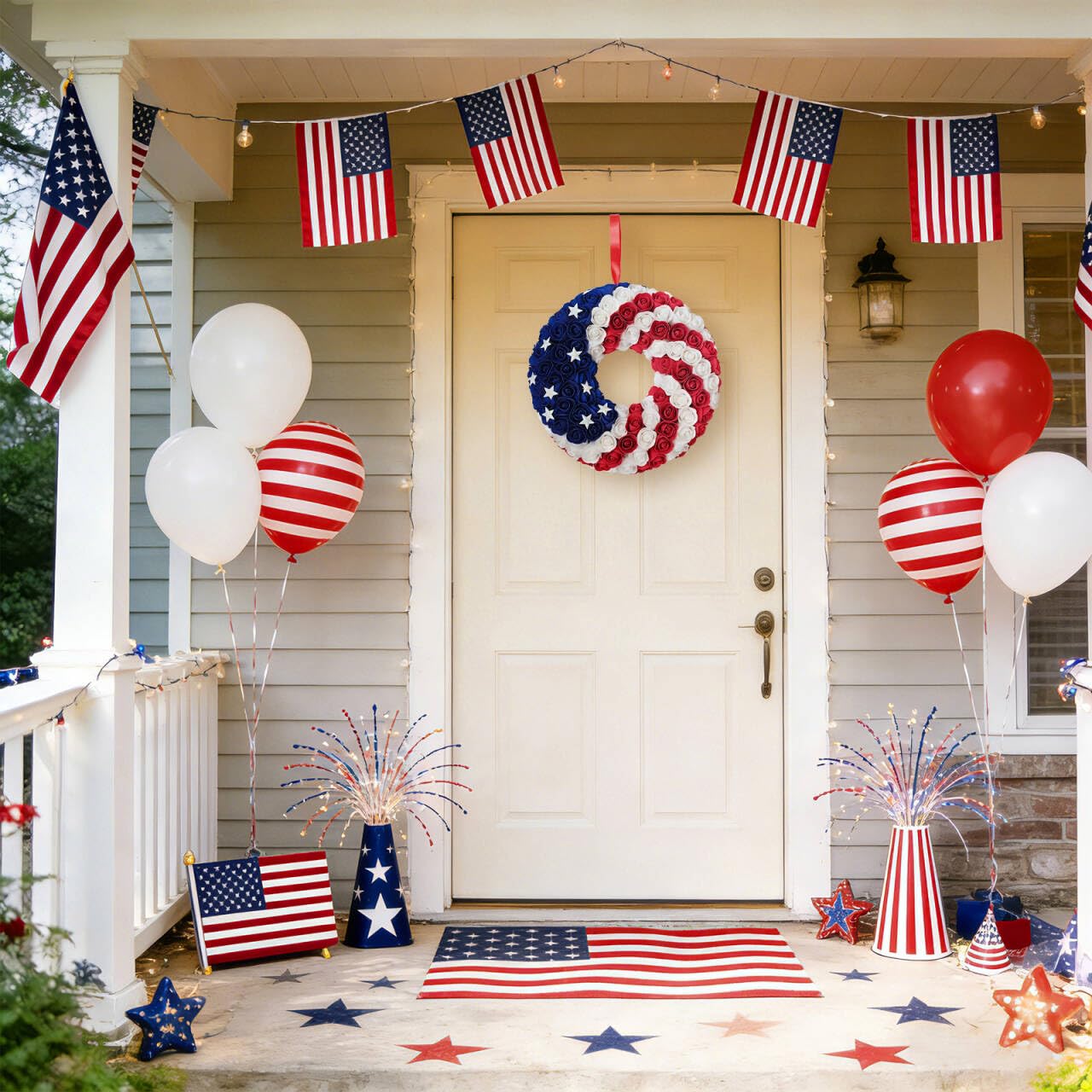 Idyllic 4th of July wreath with red, white, blue roses for celebrations.