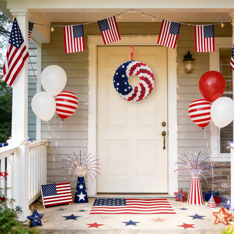 Idyllic 4th of July wreath with red, white, blue roses for celebrations.