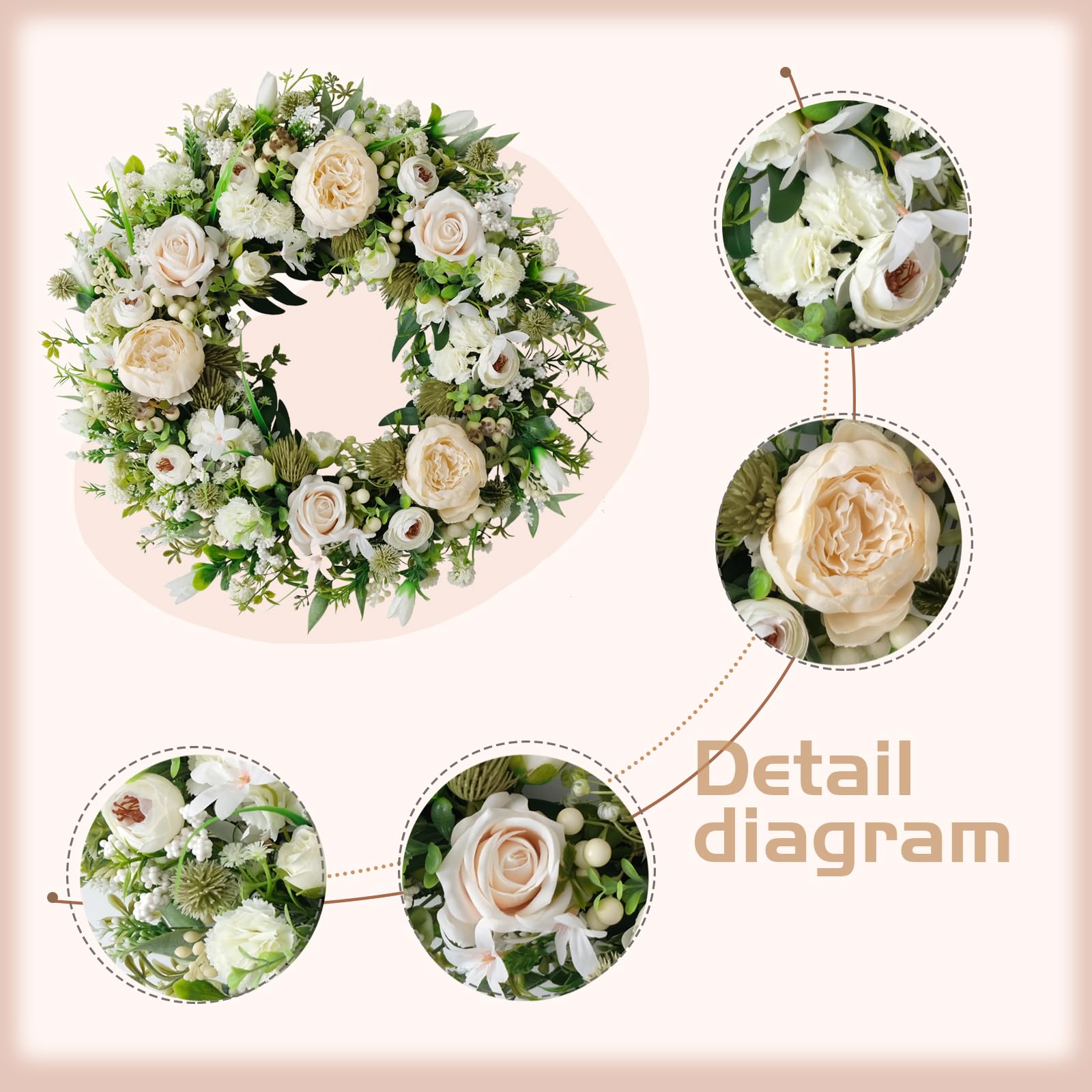 Idyllic wreath closeup shows lush peony petals for vibrant interior styling.