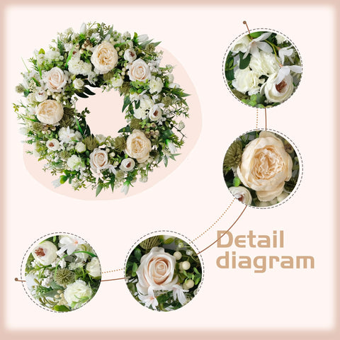 Idyllic wreath closeup shows lush peony petals for vibrant interior styling.