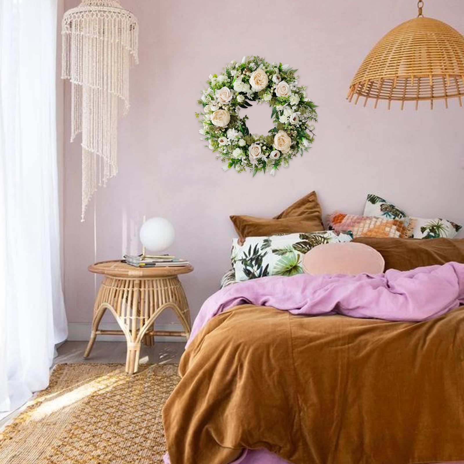 Idyllic wreath fireplace mantel creates a romantic focal point year round.