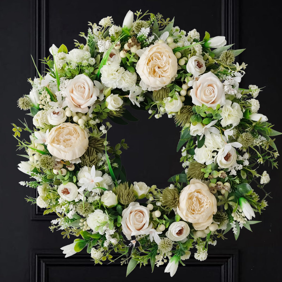 Idyllic artificial floral wreath front door featuring white peony and rose for welcoming outdoor decor.