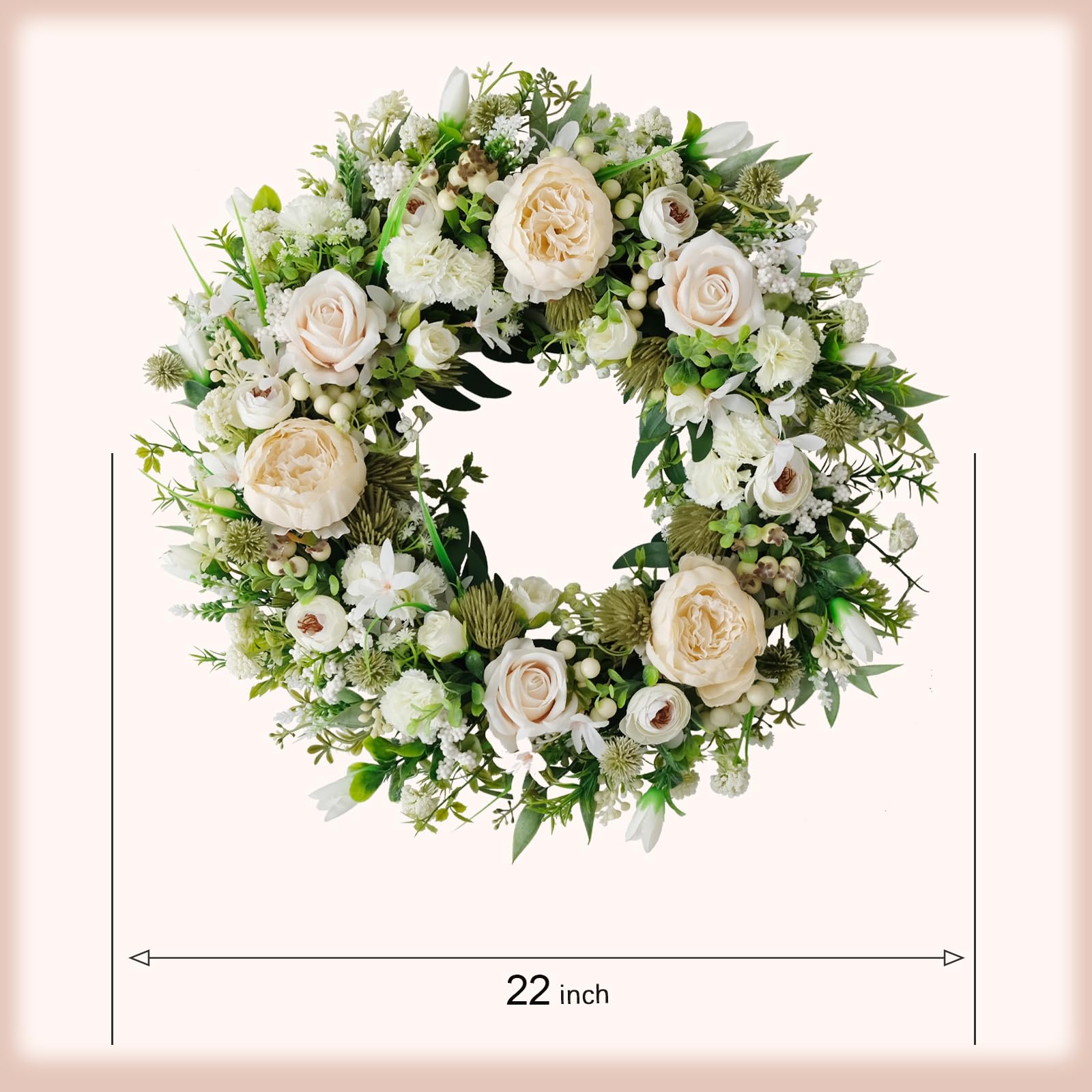 Idyllic artificial floral wreath hanging on door adds timeless charm to any space.