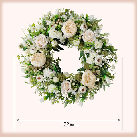 Idyllic artificial floral wreath hanging on door adds timeless charm to any space.