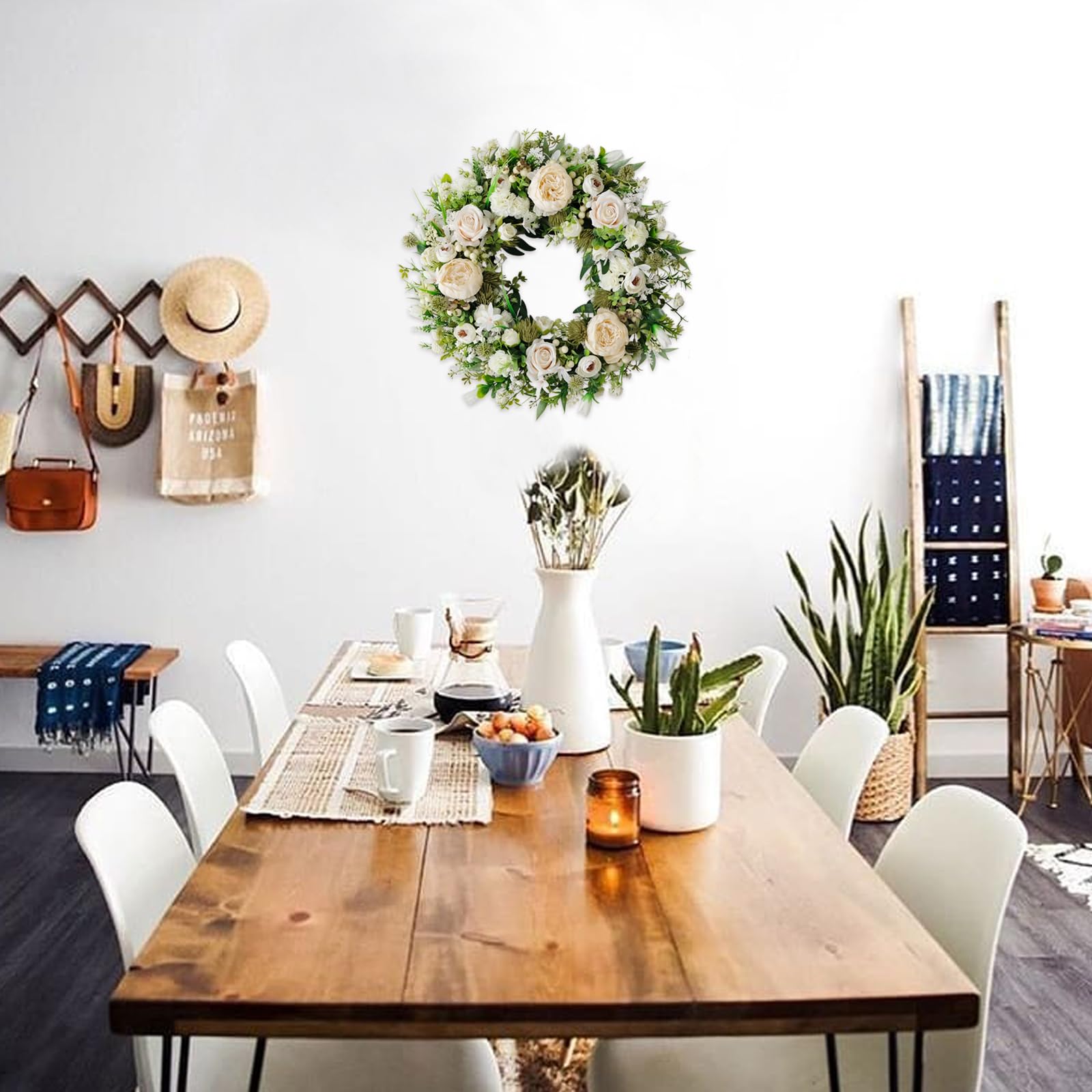 Idyllic wreath table decor offers elegant flair with maintenance free appeal.