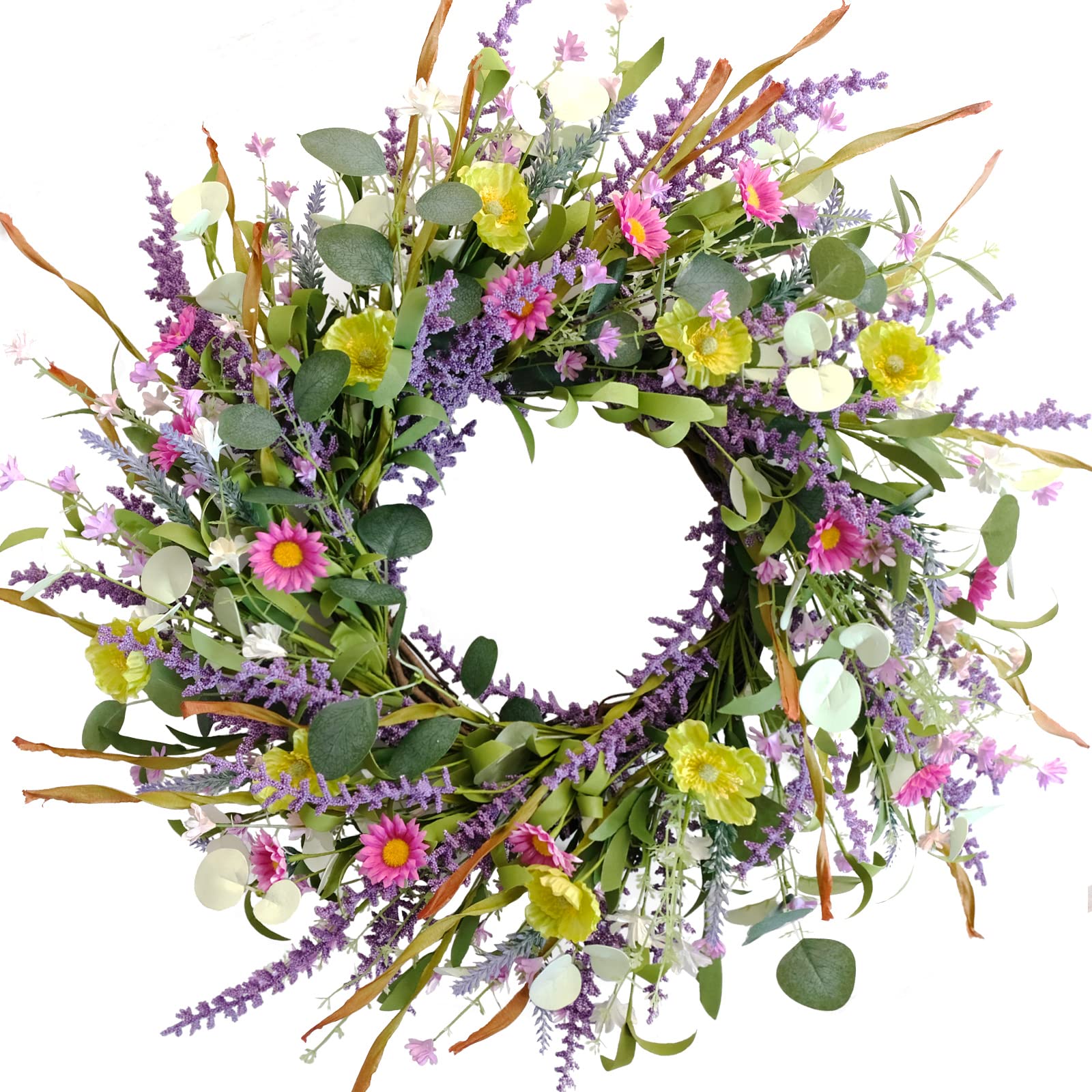 Idyllic daisy front door wreath with bright blooms for curb appeal and seasonal charm.