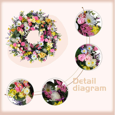Idyllic wreath shows daisies, carnations, hydrangeas for vibrant seasonal color.