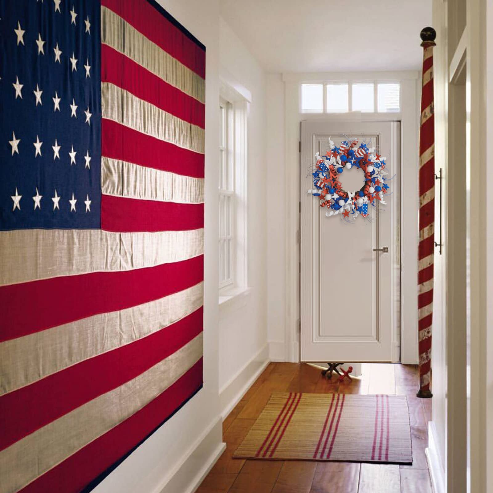 Idyllic year‑round patriotic wreath with glitter stars and rockets for charm.