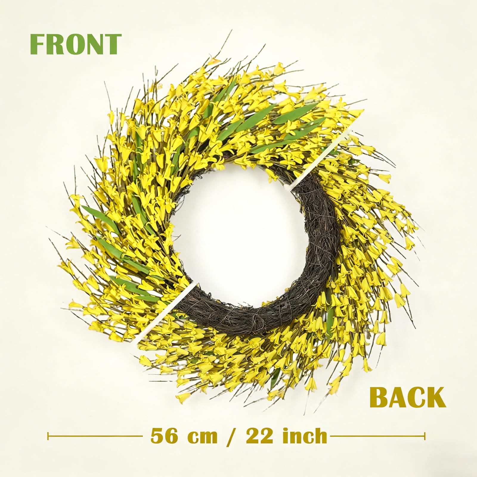 Close-up of lifelike forsythia flowers on Idyllic wreath.