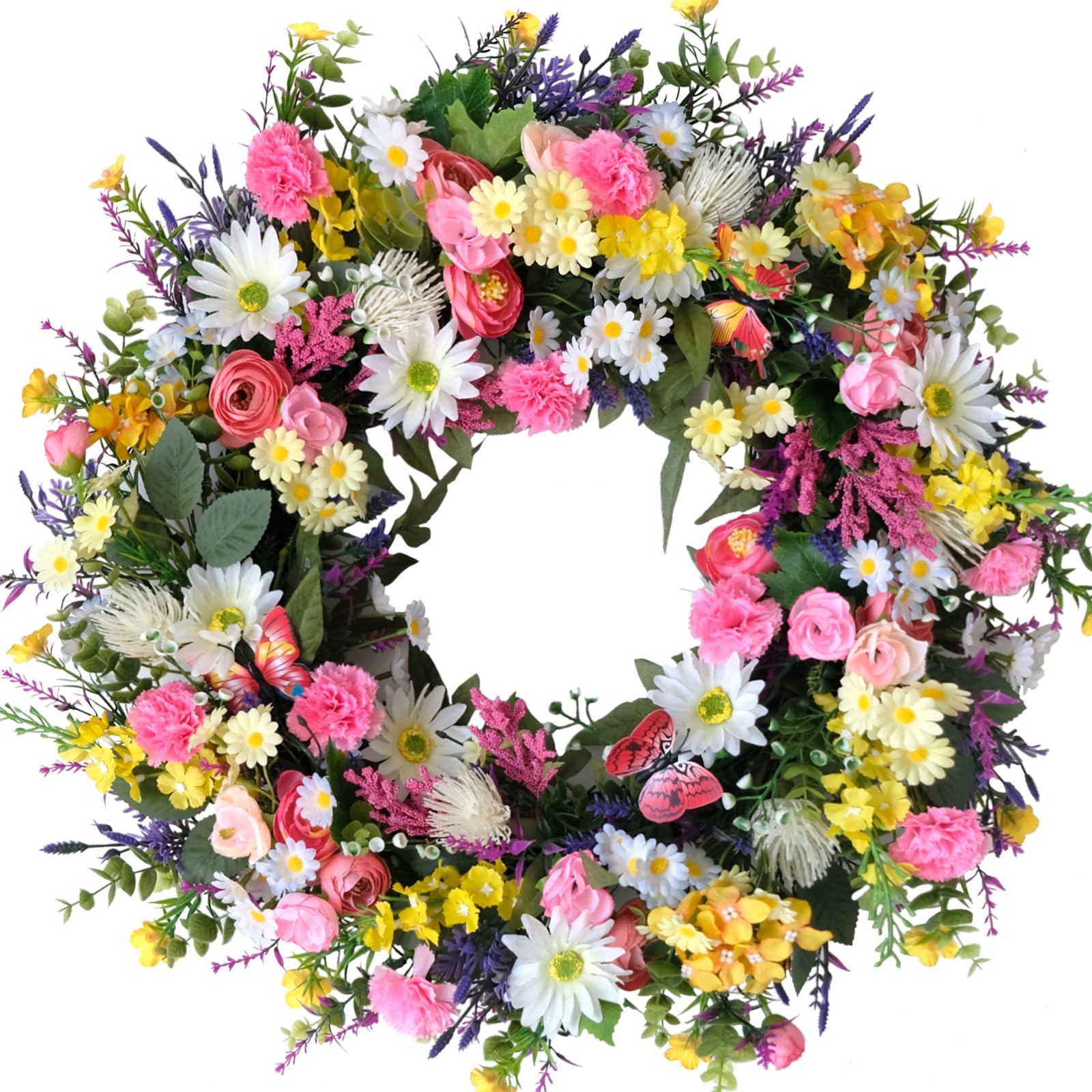 Idyllic 22-inch front door wreath with spring wildflowers boosts curb appeal.
