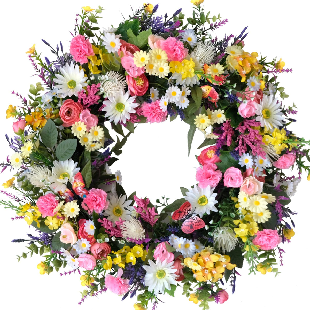 Idyllic 22-inch front door wreath with spring wildflowers boosts curb appeal.