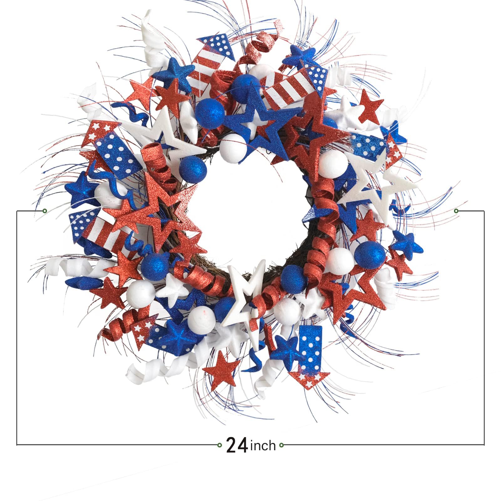 Idyllic glitter rockets wreath in red, white and blue for festive display.