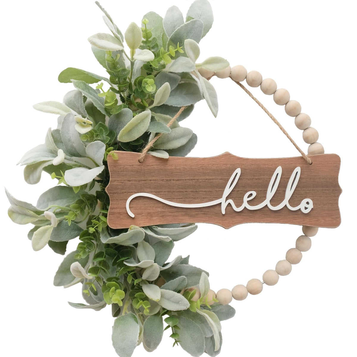 Idyllic green wreath for front door with wood beads and delicate lambs ears leaves, ideal for seasonal charm.