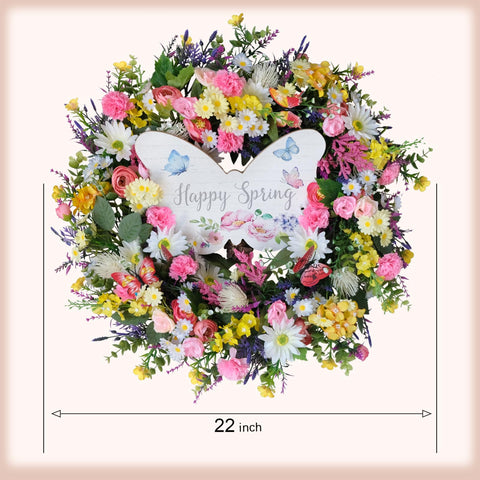 Idyllic handcrafted farmhouse wreath with wooden center board adds rustic charm.