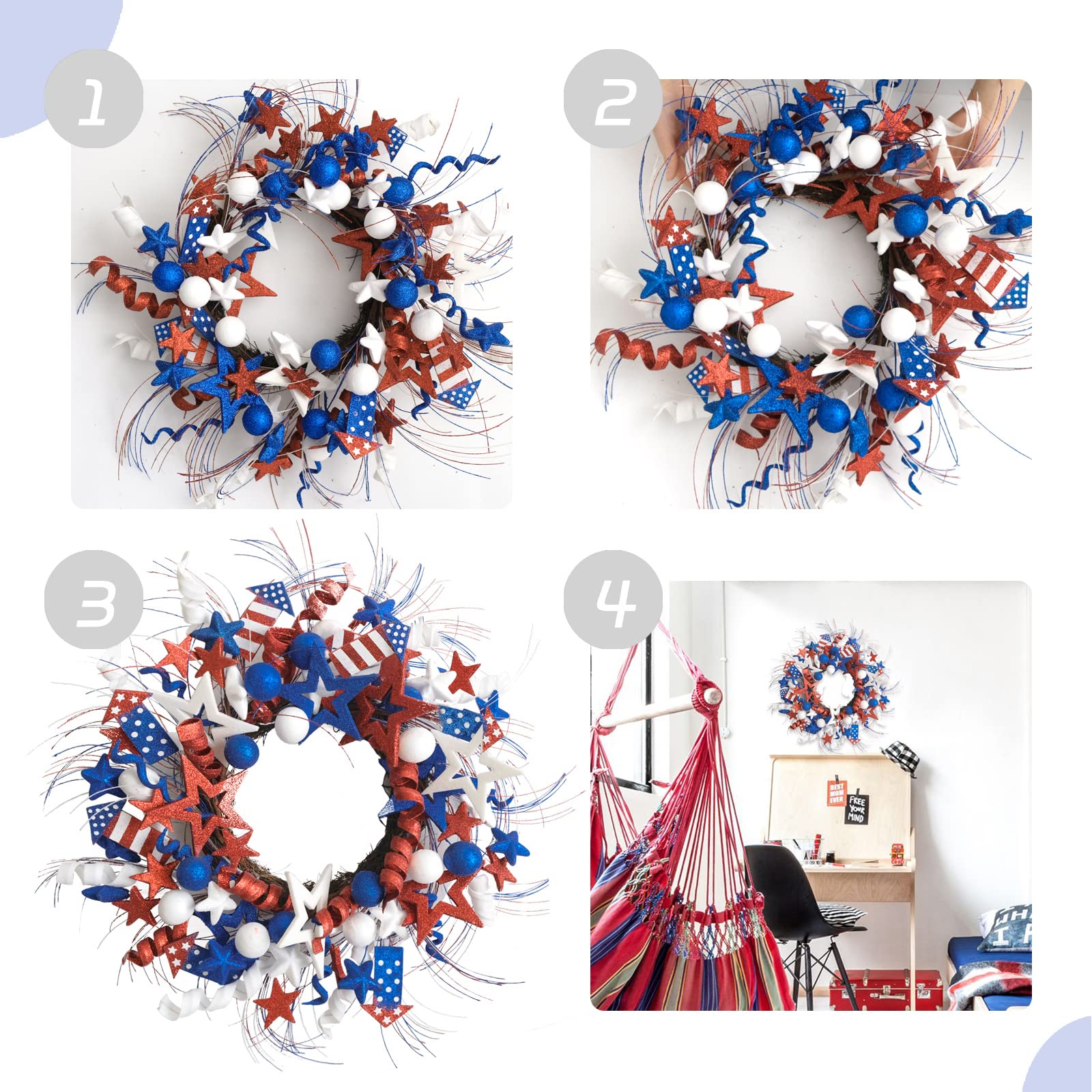 Idyllic holiday wreath with American flag theme for indoor or covered outdoor use.