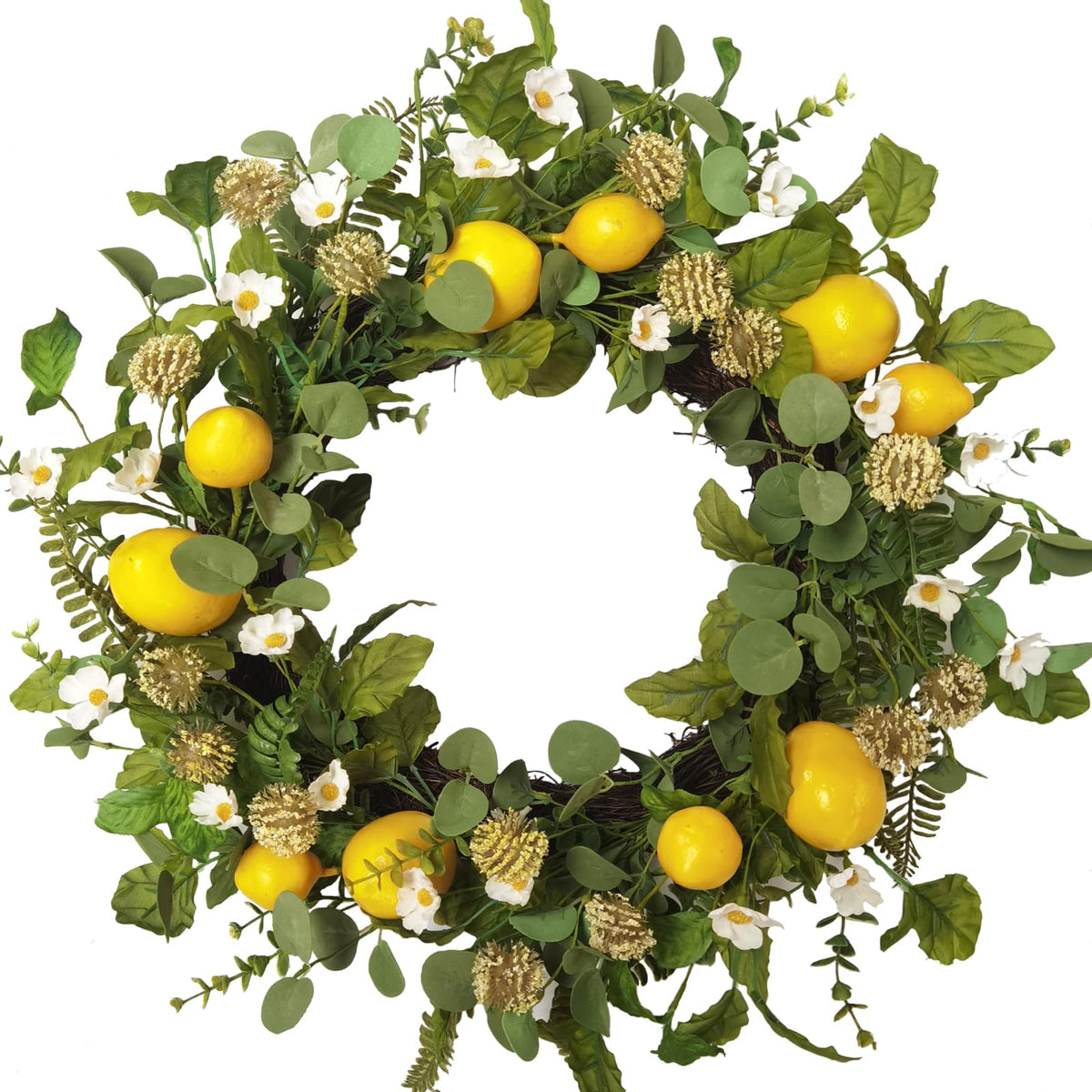 Idyllic lemon wreath front door display with bright lemons