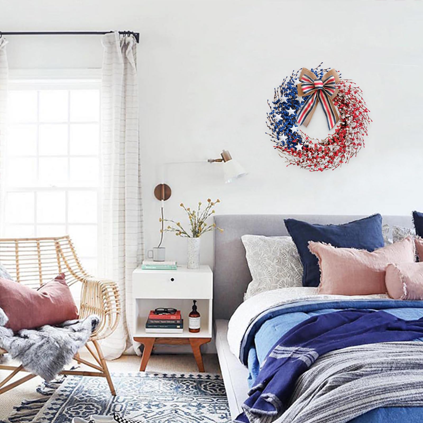 Idyllic memorial-day wreath with flag elements adds flag-inspired accents to seasonal decor.