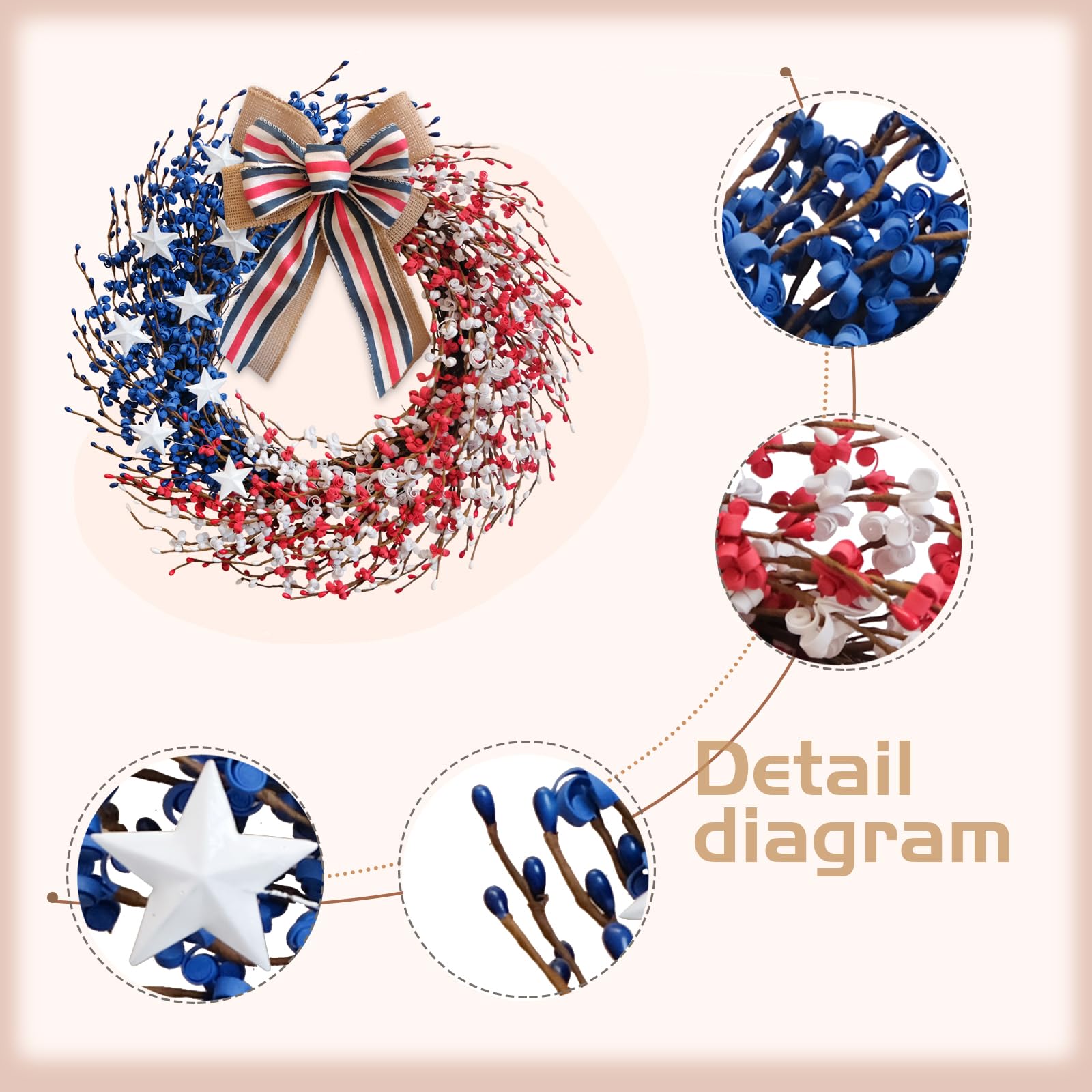 Idyllic patriotic wreath with dense-branches adds lasting porch charm.