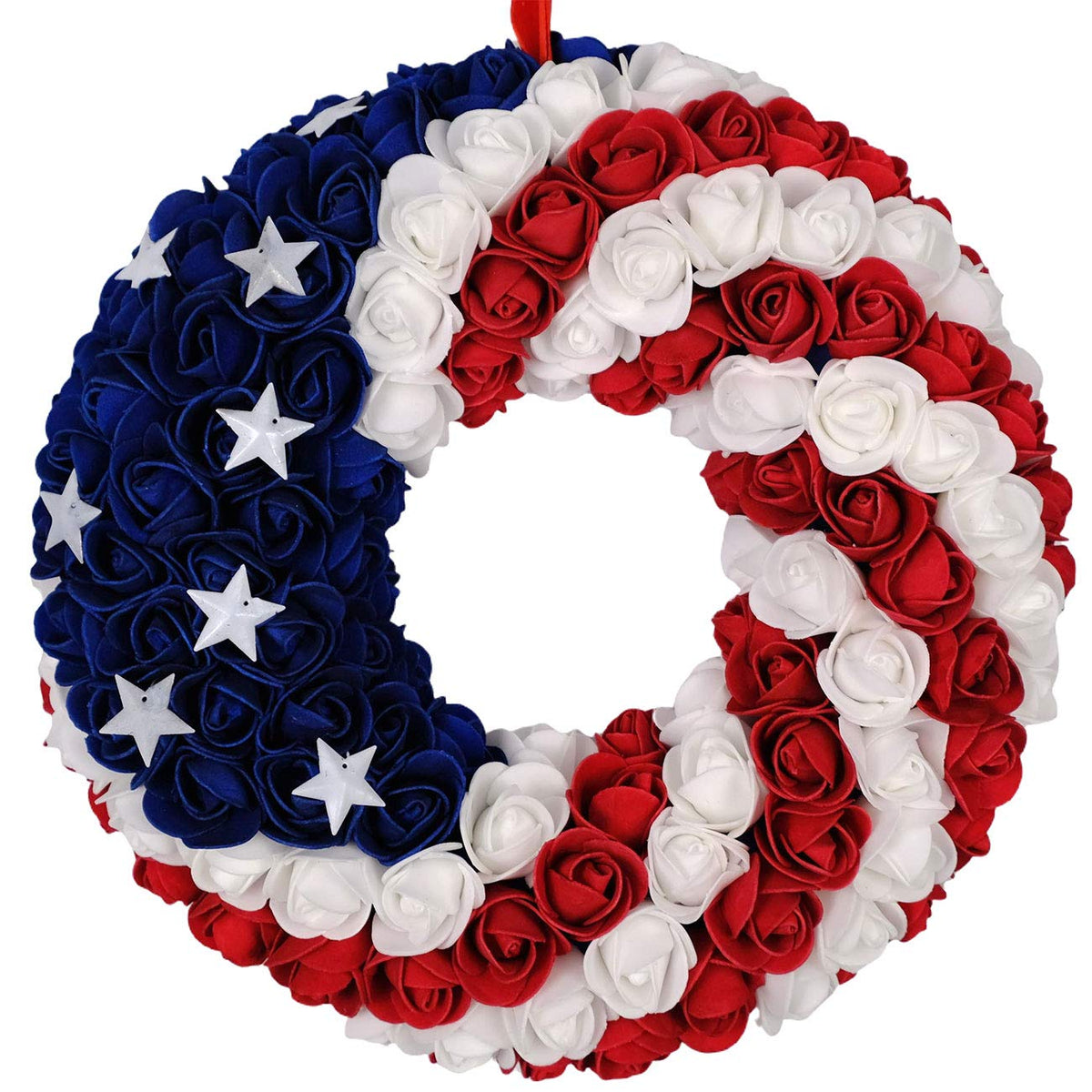 Idyllic patriotic wreath for front door with blue accents enhances curb appeal.