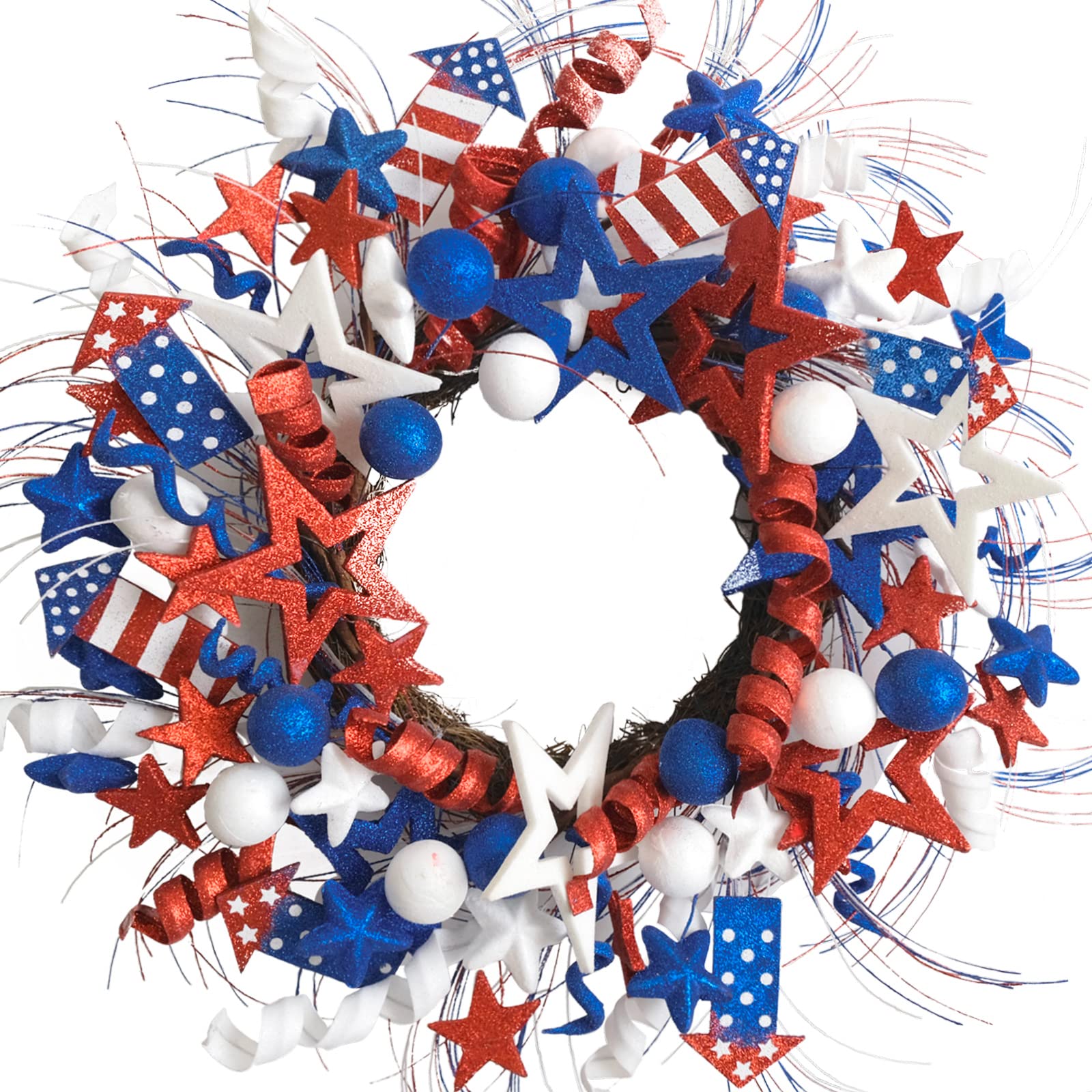 Idyllic patriotic wreath with glitter stars for front door curb appeal.