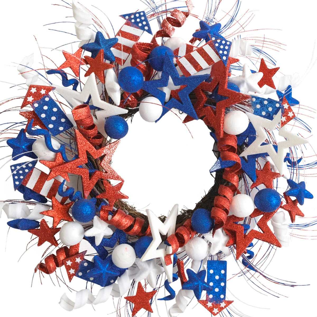 Idyllic patriotic wreath with glitter stars for front door curb appeal.