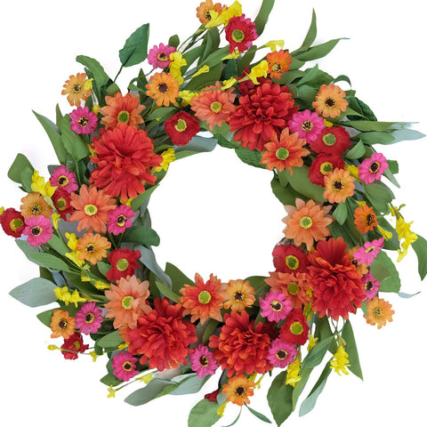 Idyllic 20-inch spring wreath for front door with colorful daisies and green leaves.