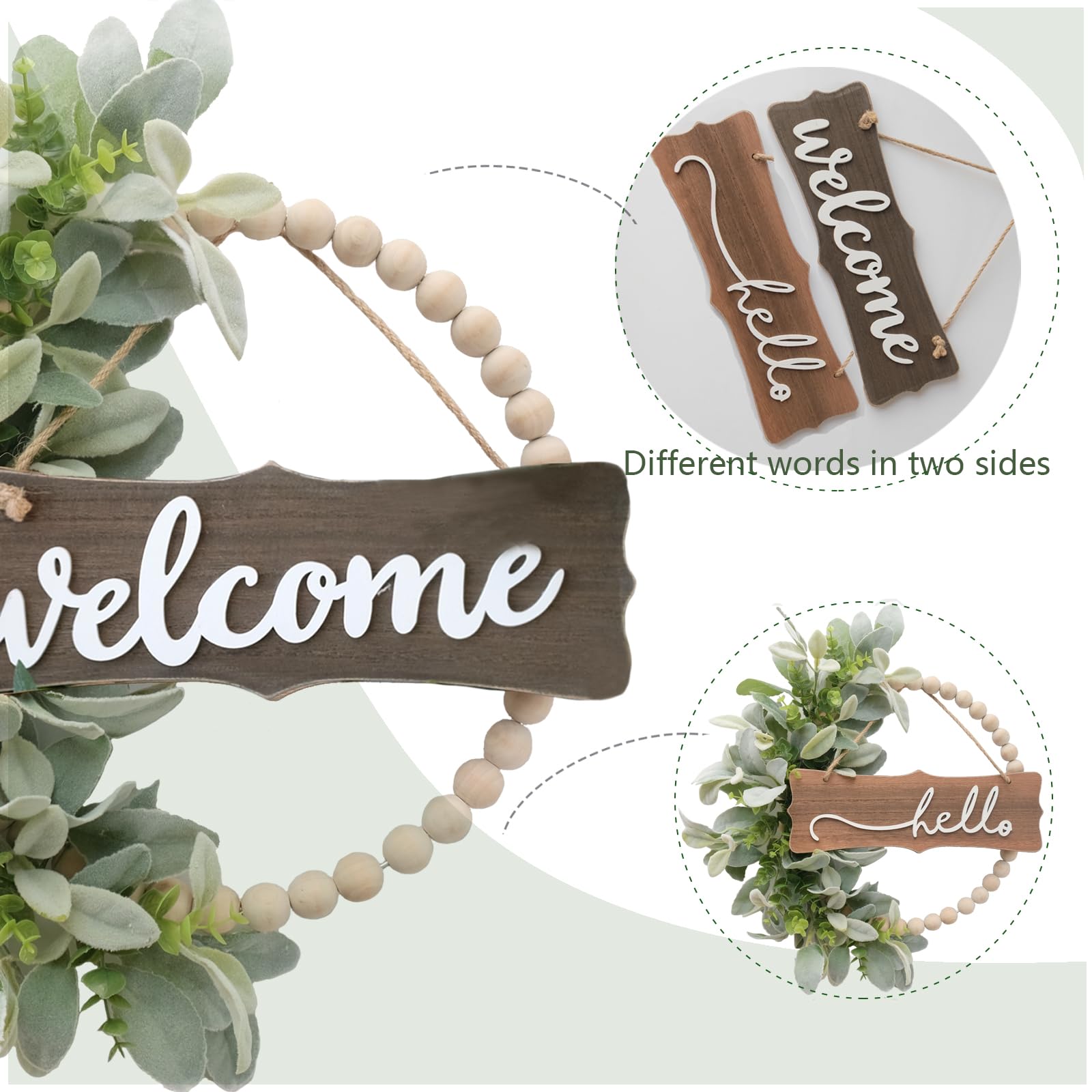 Idyllic wood bead wreath closeup highlights pale green leaves and rustic farmhouse vibe.