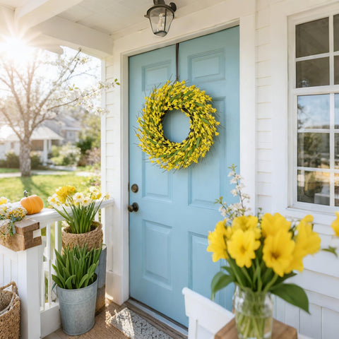 Year-round display potential with Idyllic wreath's vibrant yellow blooms.