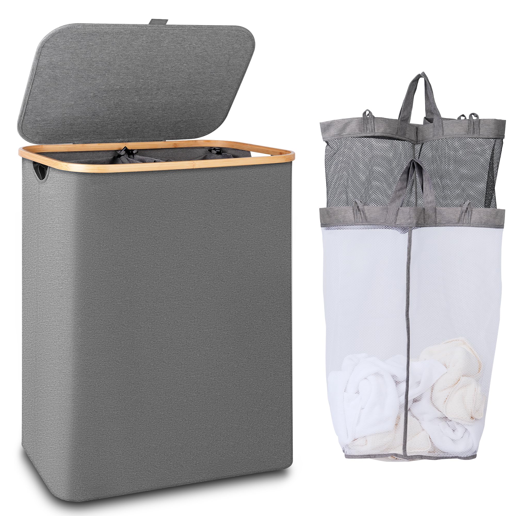 iEGrow 150L laundry hamper with lid in grey, showcasing spacious storage for family laundry
