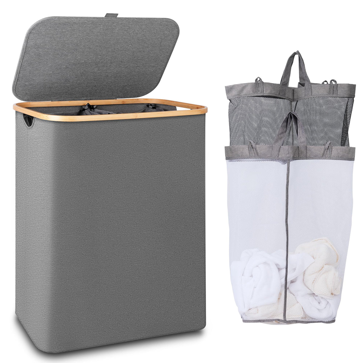 iEGrow 150L laundry hamper with lid in grey, showcasing spacious storage for family laundry