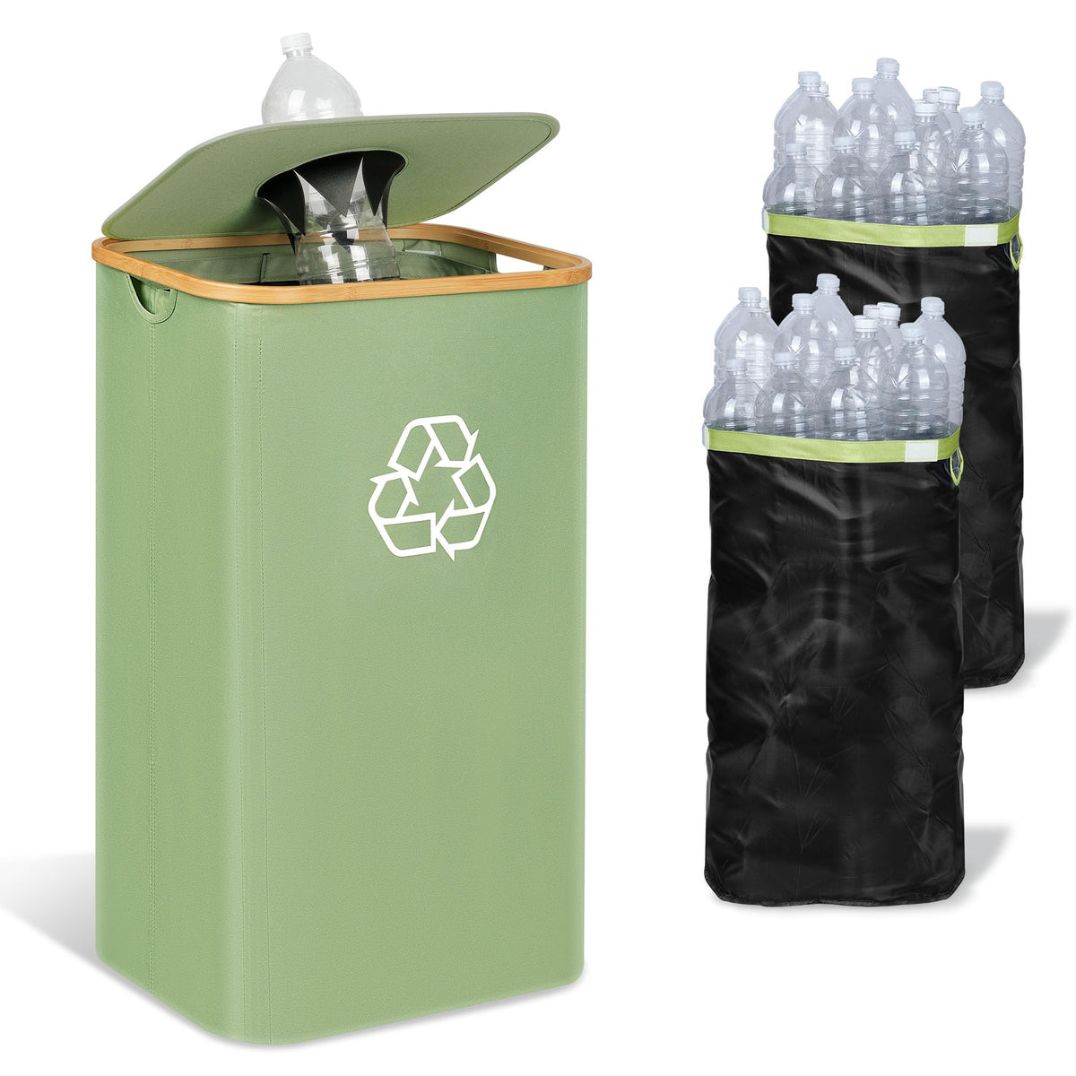 iEGrow 29-gallon kitchen recycling bin with lid for organized bottles and odor control.