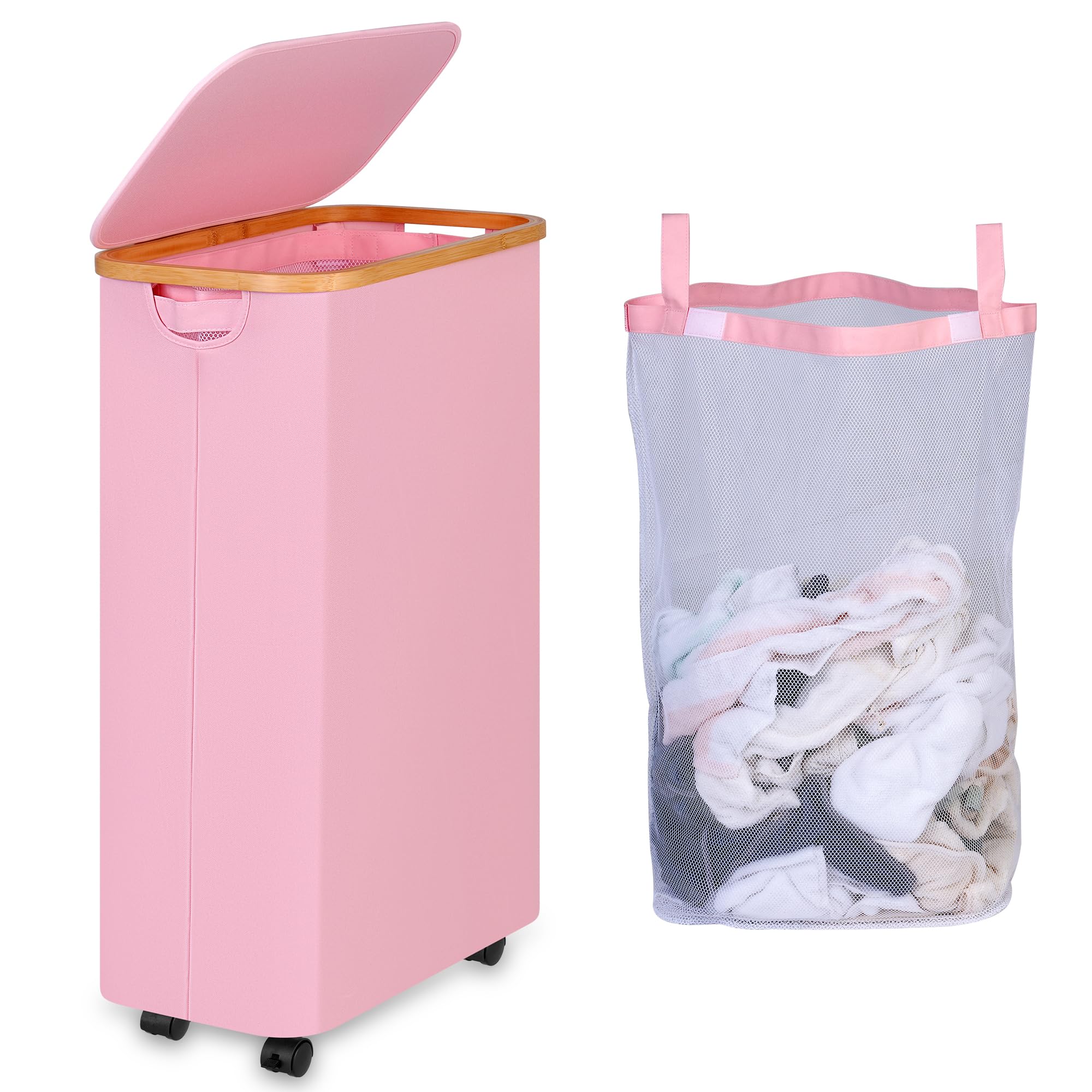 iEGrow 75L laundry basket with wheels in pink for easy transport around the home.