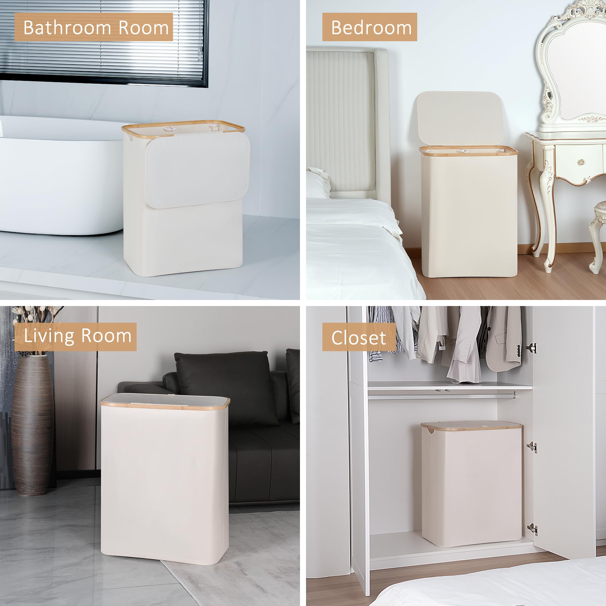 Beige iEGrow laundry hamper blends with home decor and organizes rooms.