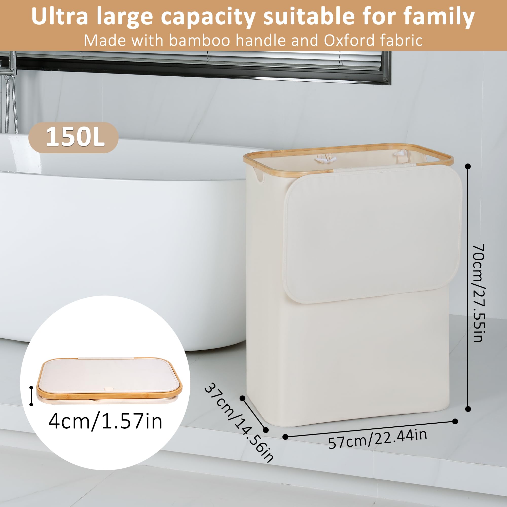 iEGrow bamboo-handle laundry basket provides comfortable grip for easy transport.