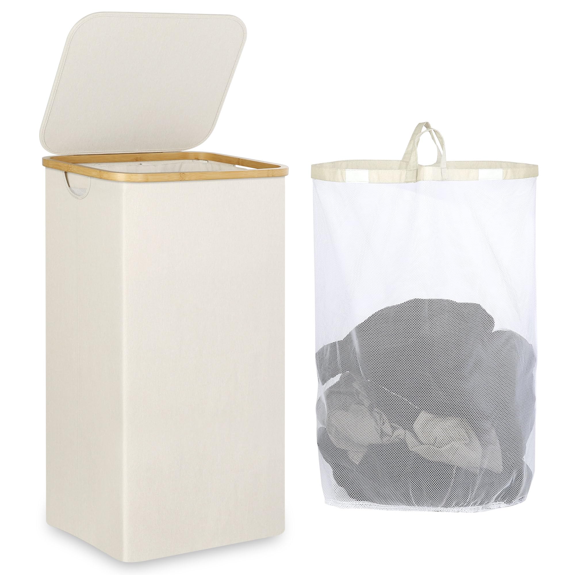 iEGrow 110L laundry basket with lid in beige for organized storage