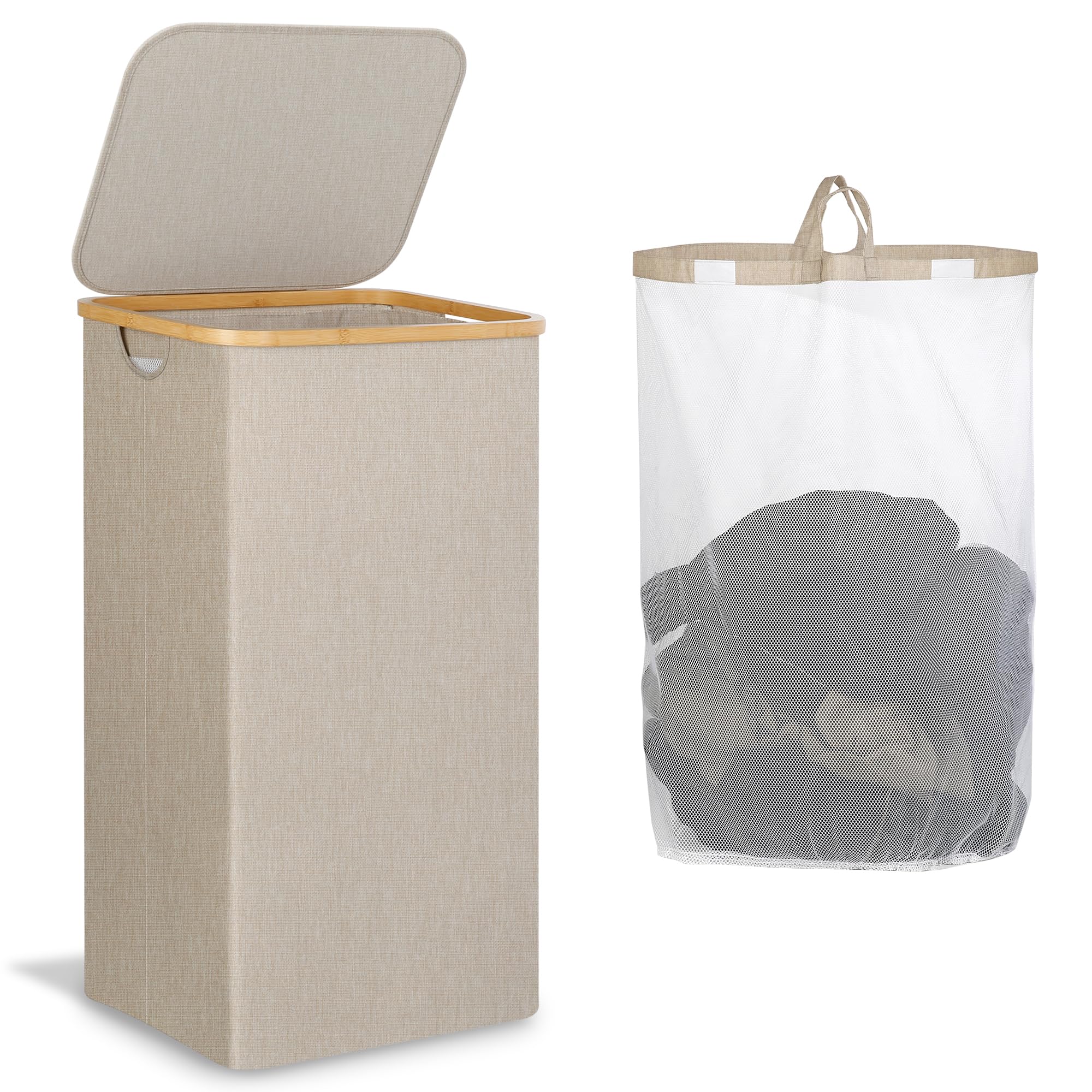 IEGrow laundry basket with lid shows 110L capacity for family laundry.
