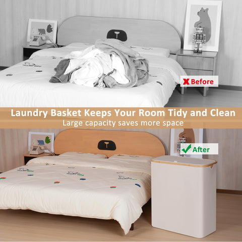 Lidded iEGrow hamper helps contain odors and keeps laundry out of sight.