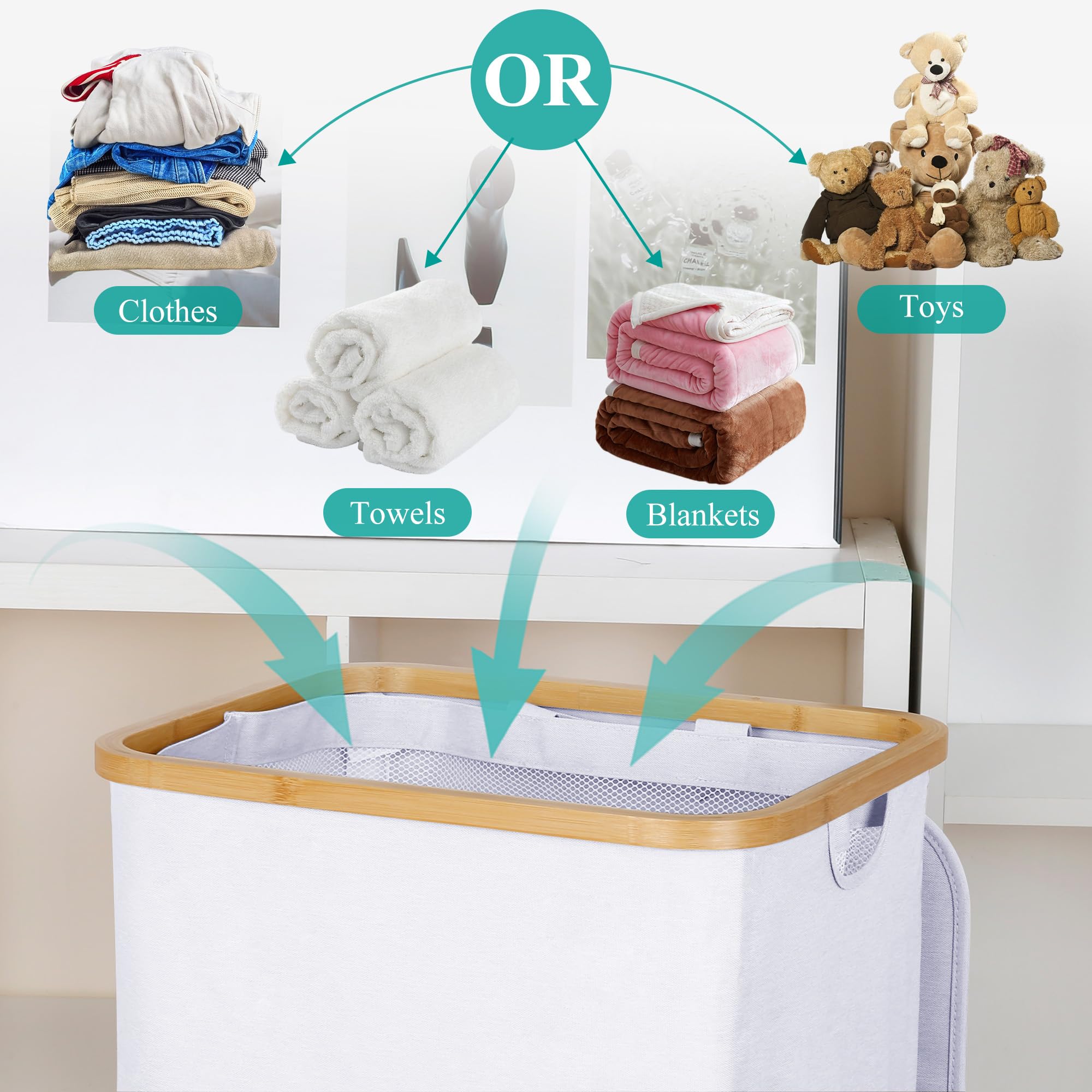 Removable inner bag allows sorting and washing without moving the whole hamper