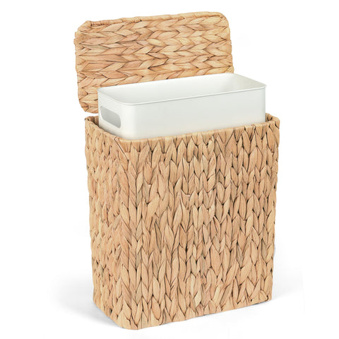 IEGrow wicker trash can with lid conceals waste and adds natural texture.
