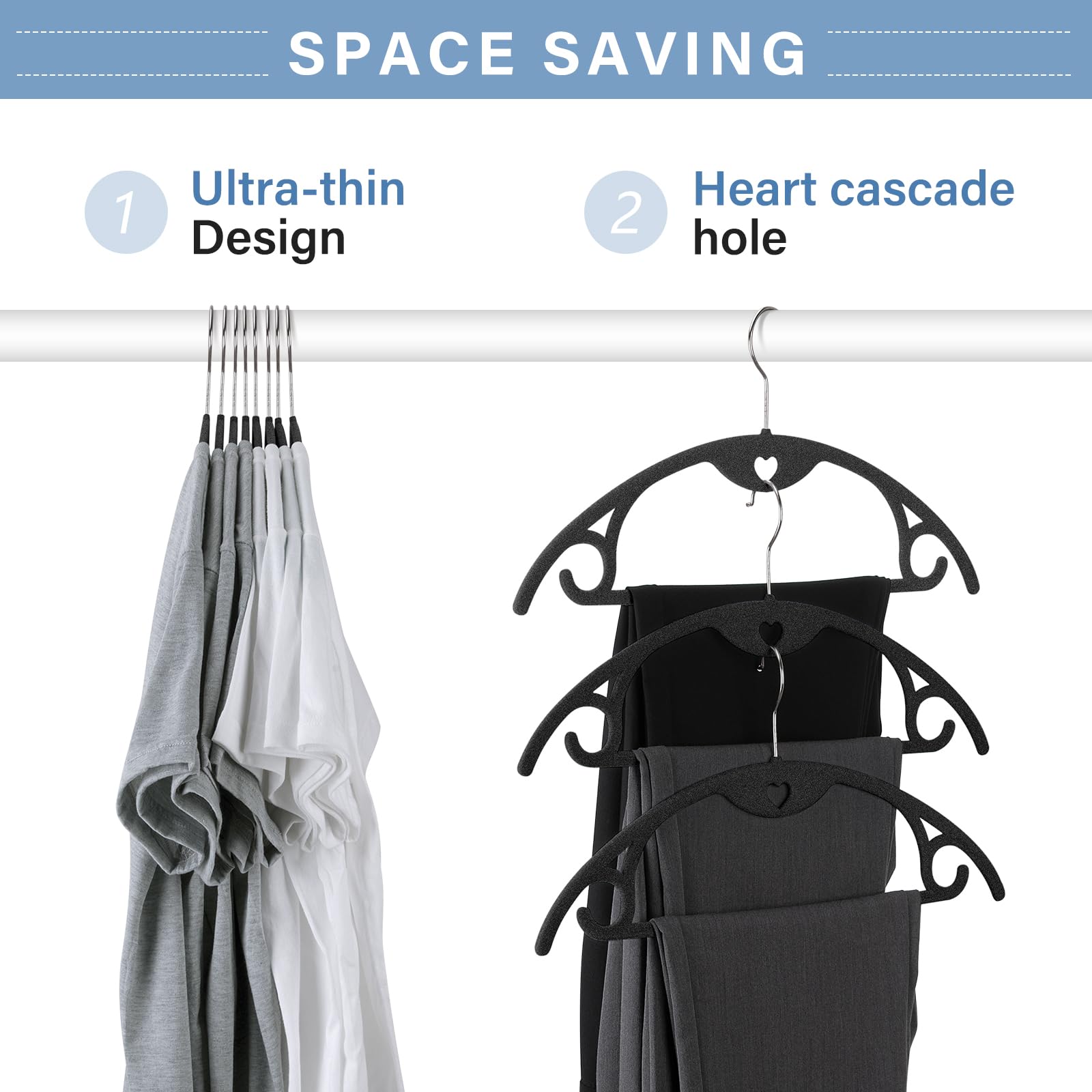 IEOKE velvet hangers feature a 360-degree chrome hook for easy sorting