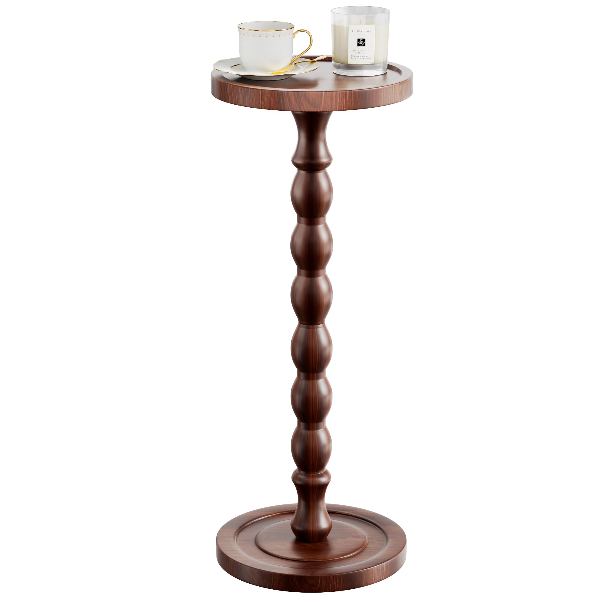 iFaveorr solid wood drink table round top in dark walnut, ideal for small living spaces.