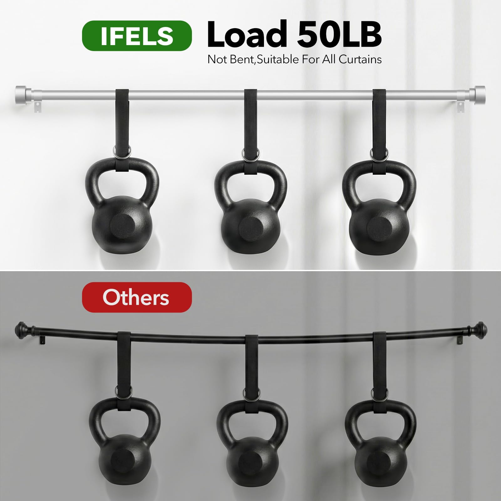 IFELS curtain rod end design features sleek silver caps complementing contemporary decor.
