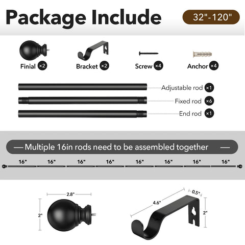 IFELS length-adjustable rod covers 32 to 120 inches for flexible sizing.