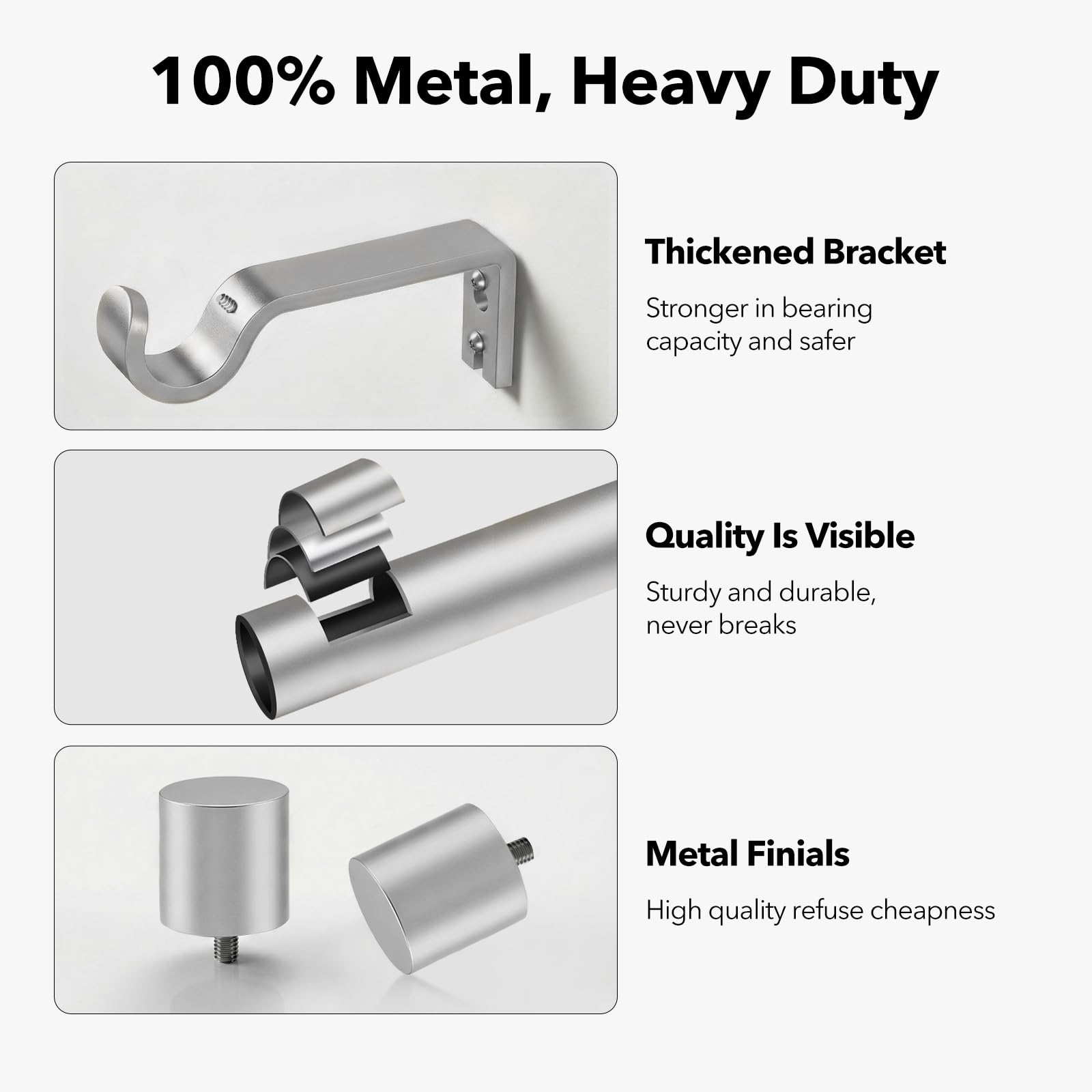 Matte silver finish with clean end caps.