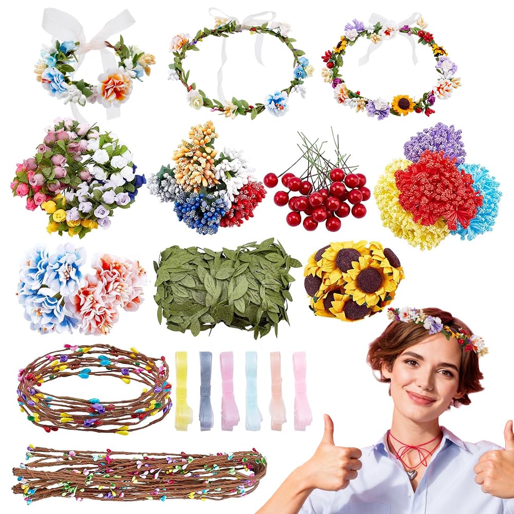 INFUNLY 261pcs kit contents for DIY flower crowns with varied stems and berries