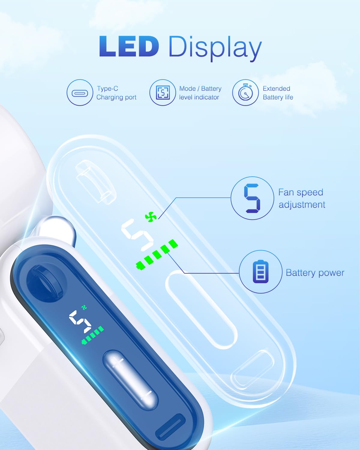 iFunSky mini fan foldable design supports desktop and neck wear.